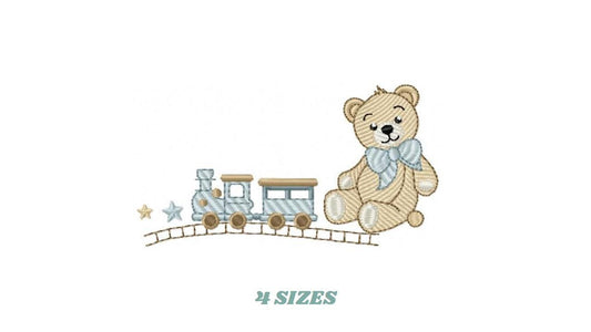 Bear with toy train embroidery designs - Baby boy Teddy bear with bow tie machine embroidery pattern - Instant digital download pes jef dst