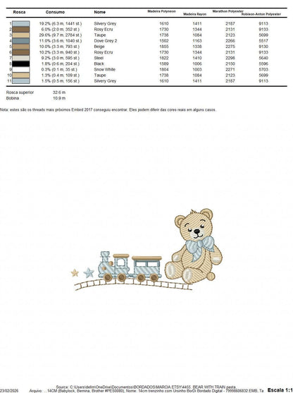 Bear with toy train embroidery designs - Baby boy Teddy bear with bow tie machine embroidery pattern - Instant digital download pes jef dst