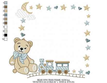 Bear with toy train embroidery designs - Baby boy Teddy with stars and clouds machine embroidery pattern - Instant digital download pes jef