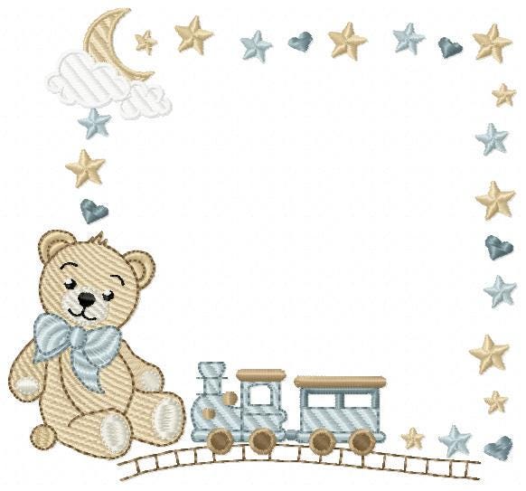 Bear with toy train embroidery designs - Baby boy Teddy with stars and clouds machine embroidery pattern - Instant digital download pes jef