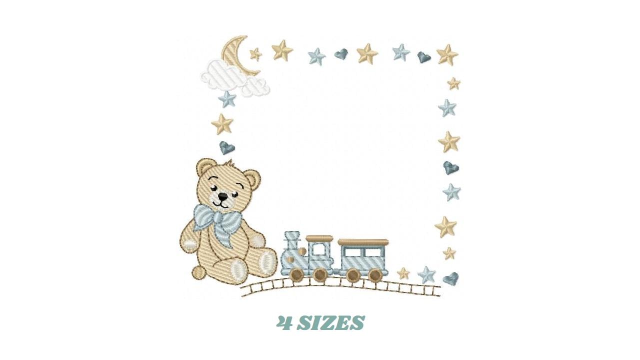 Bear with toy train embroidery designs - Baby boy Teddy with stars and clouds machine embroidery pattern - Instant digital download pes jef