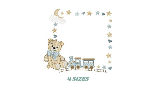 Bear with toy train embroidery designs - Baby boy Teddy with stars and clouds machine embroidery pattern - Instant digital download pes jef