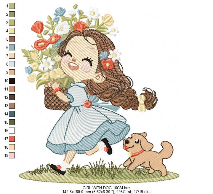 Girl with dog embroidery designs - Baby girl with flowers machine embroidery pattern - Girl with puppy file - Instant digital download jef