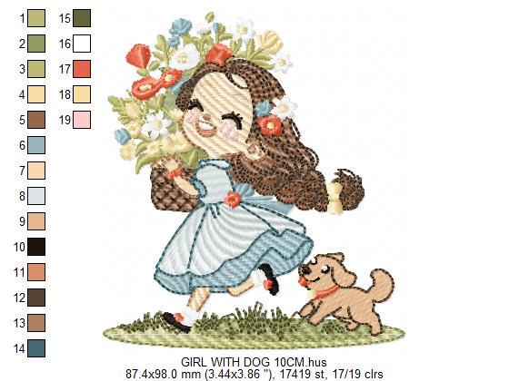 Girl with dog embroidery designs - Baby girl with flowers machine embroidery pattern - Girl with puppy file - Instant digital download jef