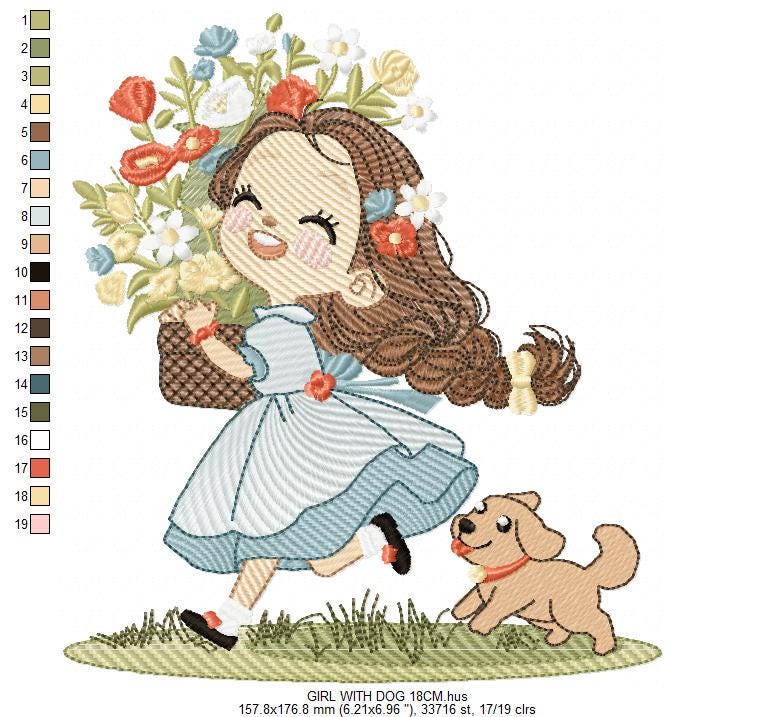 Girl with dog embroidery designs - Baby girl with flowers machine embroidery pattern - Girl with puppy file - Instant digital download jef