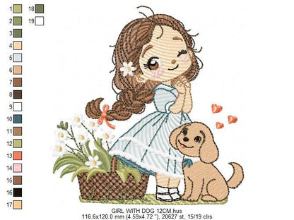 Girl with dog embroidery designs - Baby girl with flowers machine embroidery pattern - Girl with puppy file - Instant digital download jef