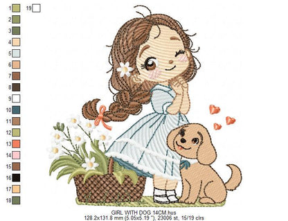 Girl with dog embroidery designs - Baby girl with flowers machine embroidery pattern - Girl with puppy file - Instant digital download jef