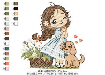 Girl with dog embroidery designs - Baby girl with flowers machine embroidery pattern - Girl with puppy file - Instant digital download jef
