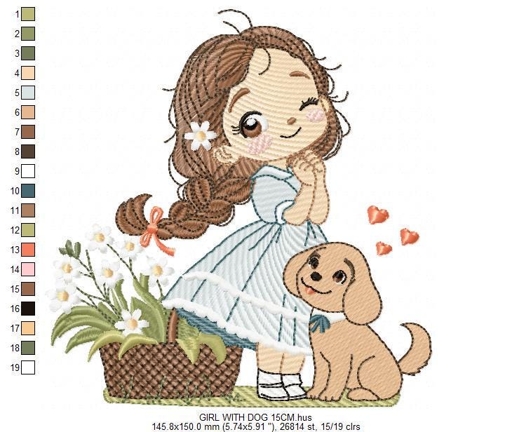 Girl with dog embroidery designs - Baby girl with flowers machine embroidery pattern - Girl with puppy file - Instant digital download jef
