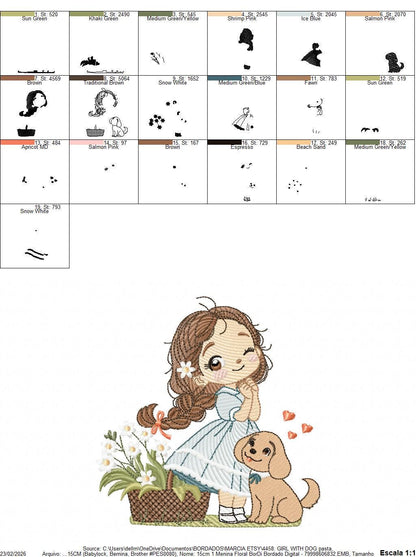 Girl with dog embroidery designs - Baby girl with flowers machine embroidery pattern - Girl with puppy file - Instant digital download jef