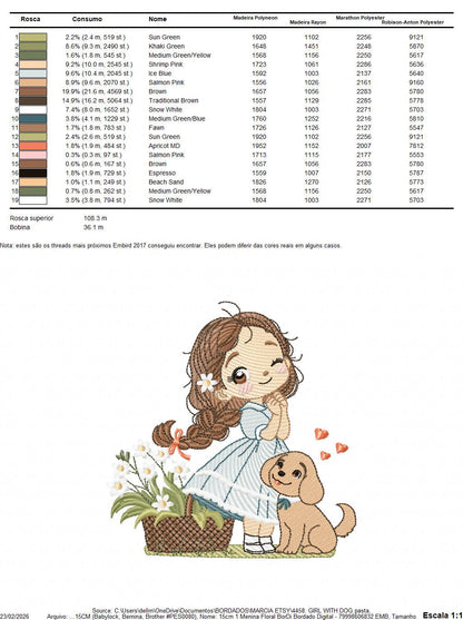 Girl with dog embroidery designs - Baby girl with flowers machine embroidery pattern - Girl with puppy file - Instant digital download jef