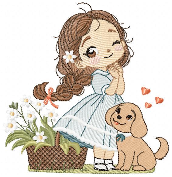 Girl with dog embroidery designs - Baby girl with flowers machine embroidery pattern - Girl with puppy file - Instant digital download jef