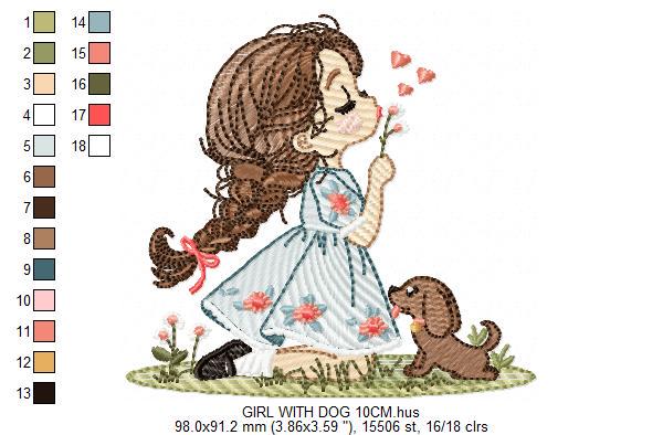 Girl with dog embroidery designs - Baby girl with flowers and hearts machine embroidery pattern - Girl with puppy file - Instant download