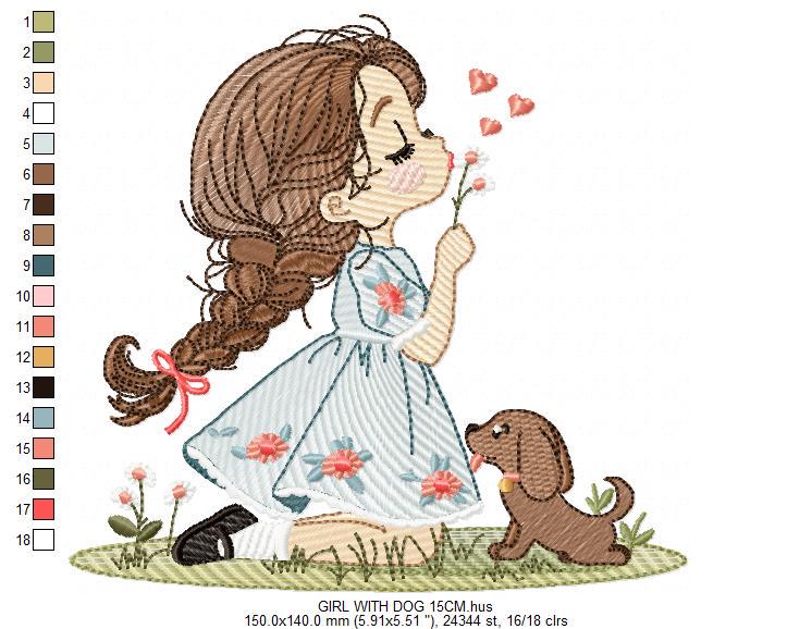 Girl with dog embroidery designs - Baby girl with flowers and hearts machine embroidery pattern - Girl with puppy file - Instant download