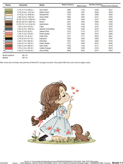 Girl with dog embroidery designs - Baby girl with flowers and hearts machine embroidery pattern - Girl with puppy file - Instant download