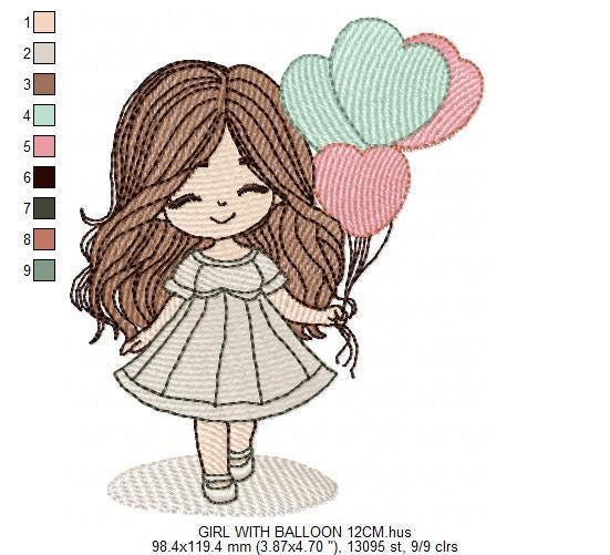 Baby girl with balloons embroidery designs - Birthday Party Girl machine embroidery pattern - Girl with hearts file - Instant download pes