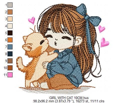 Girl with Cat embroidery design - Baby Girl with long hair and Kitty machine embroidery pattern - Instant digital download pes jef dst hus