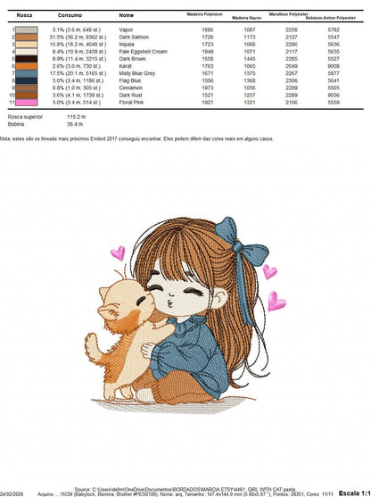 Girl with Cat embroidery design - Baby Girl with long hair and Kitty machine embroidery pattern - Instant digital download pes jef dst hus
