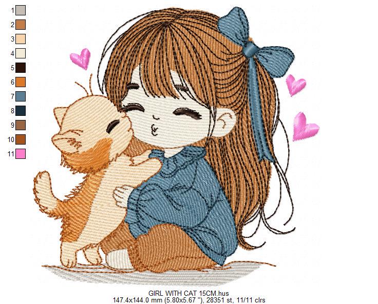 Girl with Cat embroidery design - Baby Girl with long hair and Kitty machine embroidery pattern - Instant digital download pes jef dst hus