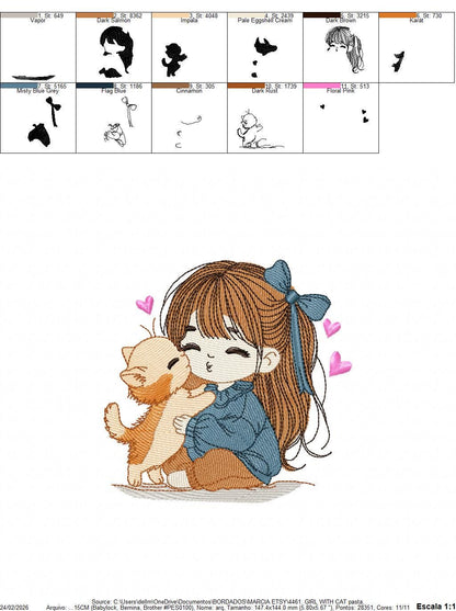 Girl with Cat embroidery design - Baby Girl with long hair and Kitty machine embroidery pattern - Instant digital download pes jef dst hus