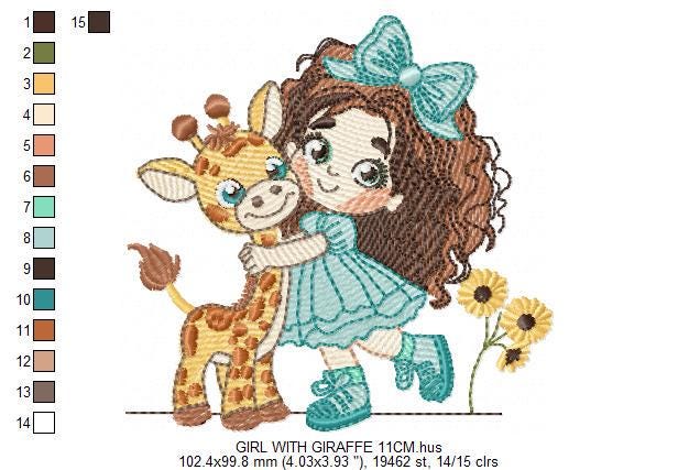 Girl with Giraffe embroidery design - Long Curly Hair Girl machine embroidery pattern - Safari Wild animal file - Instant download pes jef
