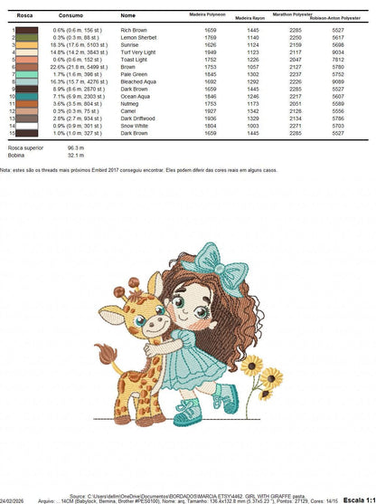 Girl with Giraffe embroidery design - Long Curly Hair Girl machine embroidery pattern - Safari Wild animal file - Instant download pes jef