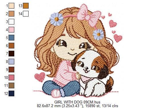 Girl with dog embroidery designs - Girl with long hair and puppy machine embroidery pattern - Girl with pet file - Instant download jef pes
