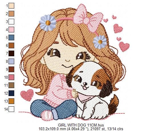 Girl with dog embroidery designs - Girl with long hair and puppy machine embroidery pattern - Girl with pet file - Instant download jef pes