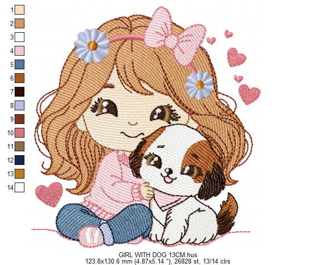 Girl with dog embroidery designs - Girl with long hair and puppy machine embroidery pattern - Girl with pet file - Instant download jef pes