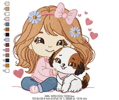 Girl with dog embroidery designs - Girl with long hair and puppy machine embroidery pattern - Girl with pet file - Instant download jef pes
