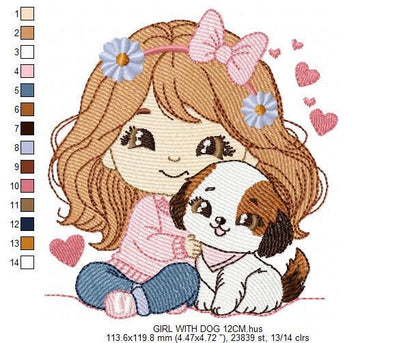 Girl with dog embroidery designs - Girl with long hair and puppy machine embroidery pattern - Girl with pet file - Instant download jef pes