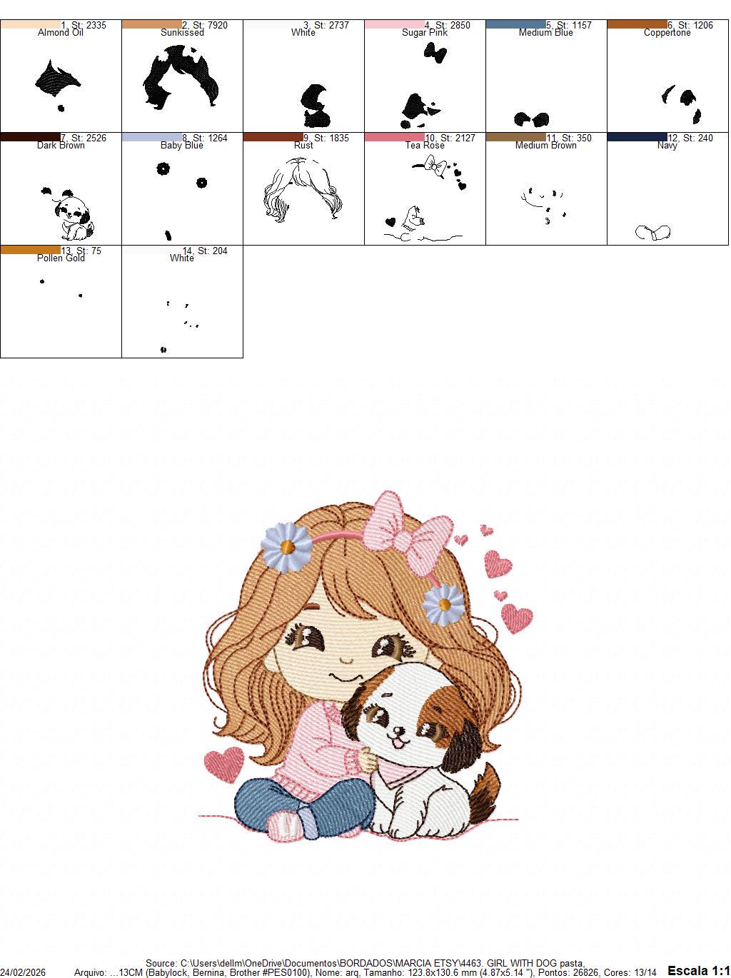 Girl with dog embroidery designs - Girl with long hair and puppy machine embroidery pattern - Girl with pet file - Instant download jef pes