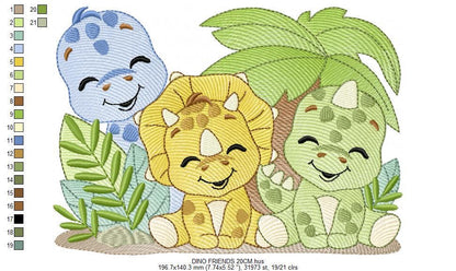 Dinosaur embroidery designs - Dino Friends with trees machine embroidery pattern - Baby boy file Brontosaurus - instant digital download pes