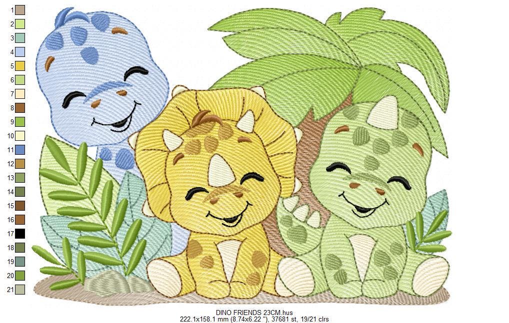 Dinosaur embroidery designs - Dino Friends with trees machine embroidery pattern - Baby boy file Brontosaurus - instant digital download pes