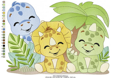 Dinosaur embroidery designs - Dino Friends with trees machine embroidery pattern - Baby boy file Brontosaurus - instant digital download pes