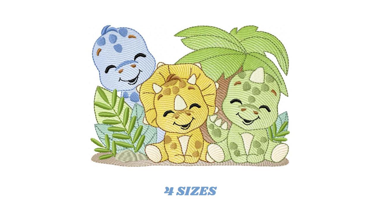 Dinosaur embroidery designs - Dino Friends with trees machine embroidery pattern - Baby boy file Brontosaurus - instant digital download pes