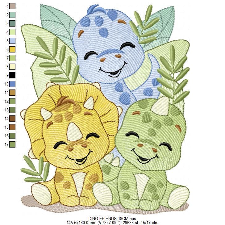 Dinosaur embroidery designs - Trio Dino Friends with trees machine embroidery pattern - Baby boy file Brontosaurus - Instant download pes