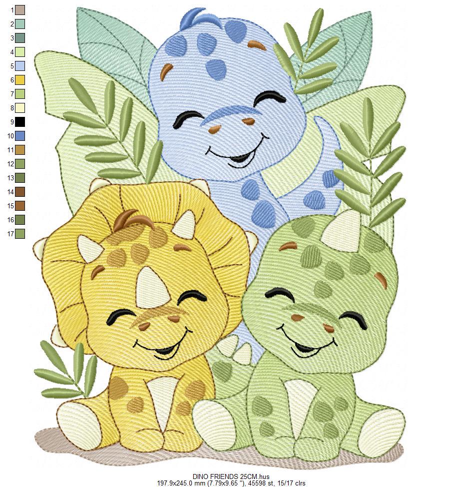 Dinosaur embroidery designs - Trio Dino Friends with trees machine embroidery pattern - Baby boy file Brontosaurus - Instant download pes