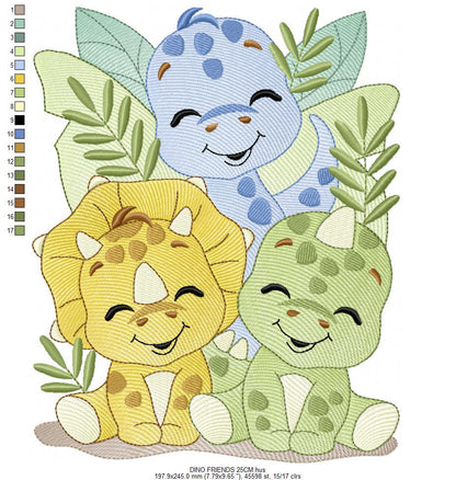 Dinosaur embroidery designs - Trio Dino Friends with trees machine embroidery pattern - Baby boy file Brontosaurus - Instant download pes