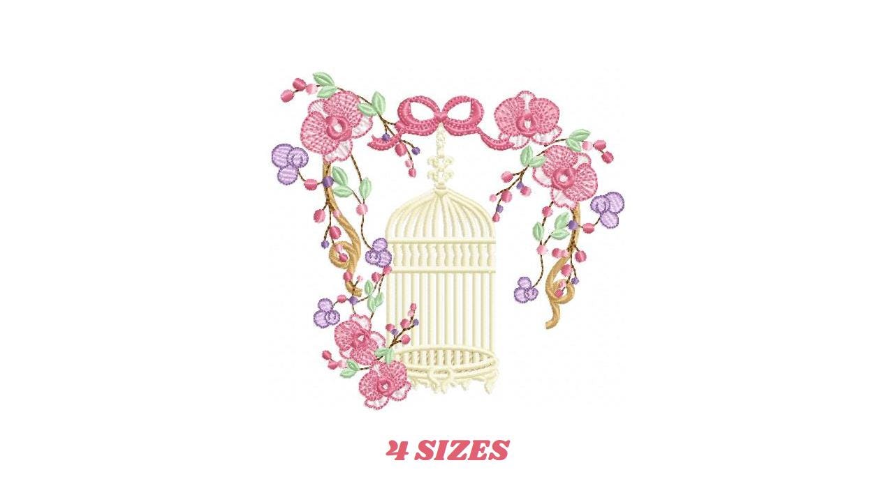 Birdcage with Flowers embroidery designs - Moth Orchid Flowers machine embroidery pattern - Baby girl file - Instant digital download pes
