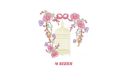 Birdcage with Flowers embroidery designs - Moth Orchid Flowers machine embroidery pattern - Baby girl file - Instant digital download pes