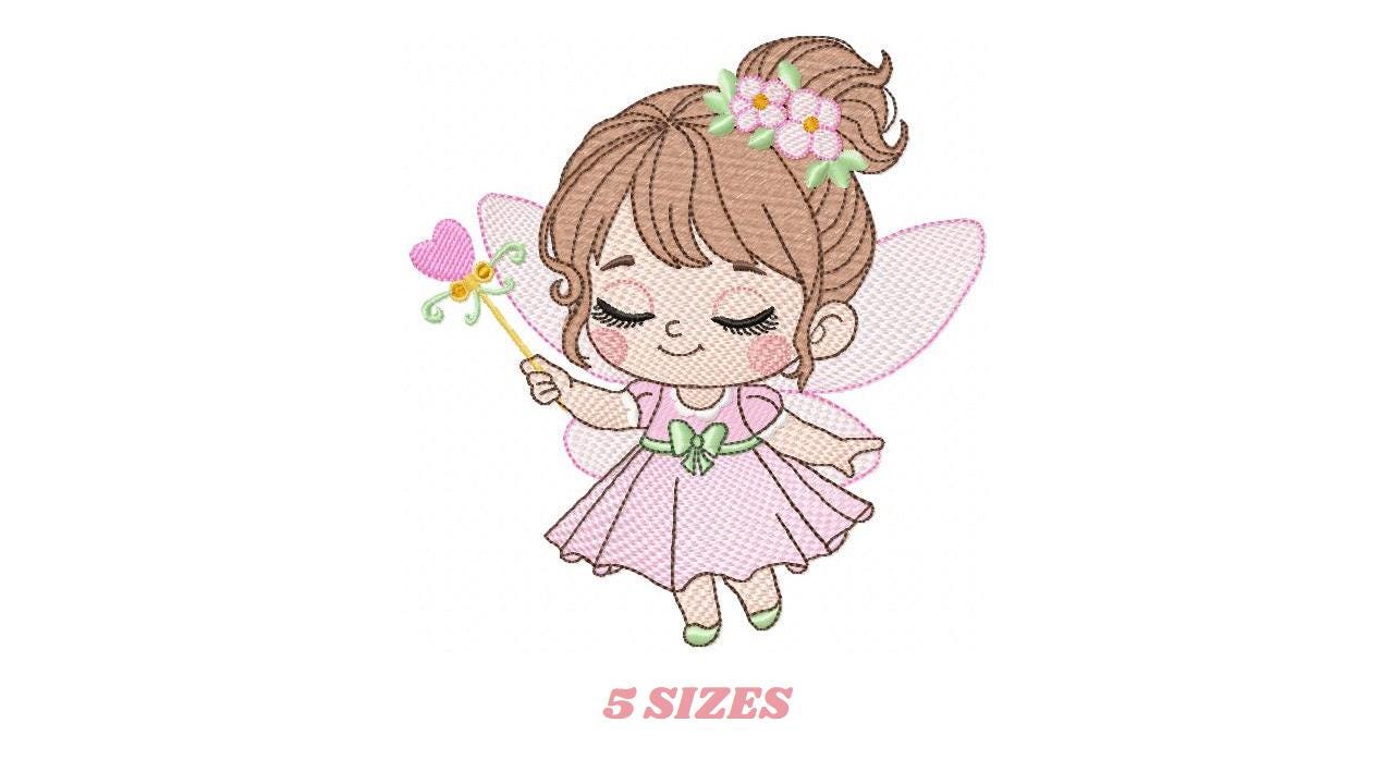 Fairy with flowers embroidery designs - Baby girl with wings and wand machine embroidery pattern - Garden Pixie file - Instant Download pes