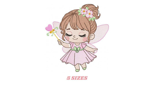 Fairy with flowers embroidery designs - Baby girl with wings and wand machine embroidery pattern - Garden Pixie file - Instant Download pes
