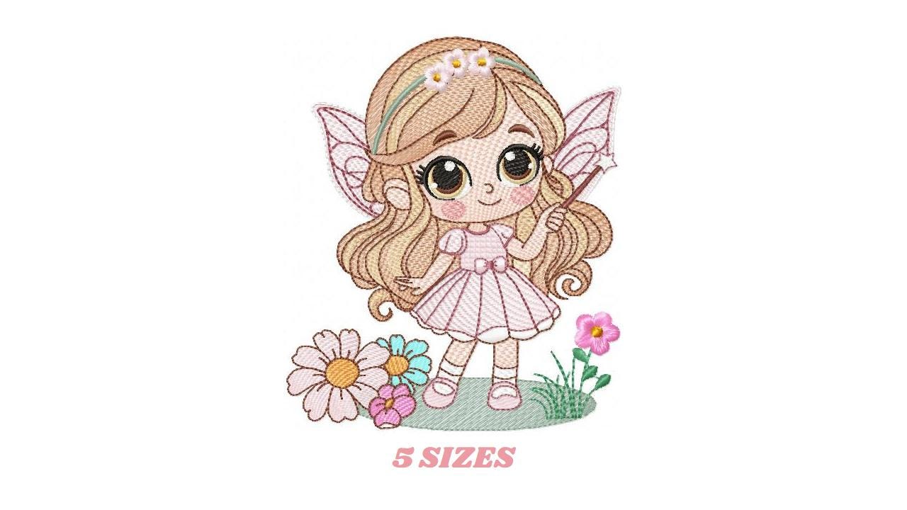 Fairy with flowers embroidery designs - Baby girl with wings and wand machine embroidery pattern - Garden Pixie file - Instant Download pes