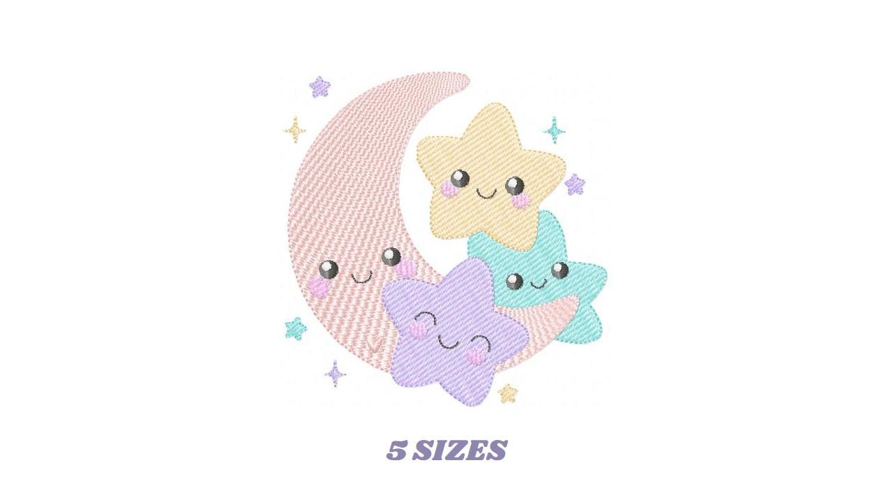 Moon with stars hearts and flowers embroidery design - Baby Girl Half moon machine embroidery pattern - Instant digital download pes jef hus