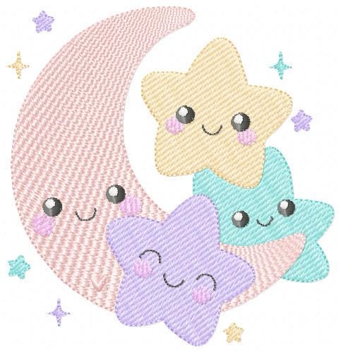 Moon with stars hearts and flowers embroidery design - Baby Girl Half moon machine embroidery pattern - Instant digital download pes jef hus