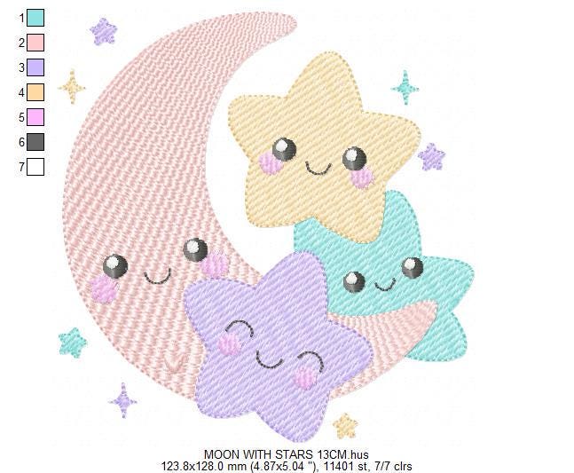 Moon with stars hearts and flowers embroidery design - Baby Girl Half moon machine embroidery pattern - Instant digital download pes jef hus