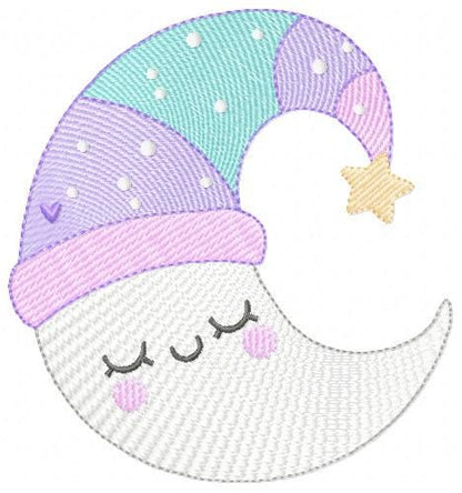Moon with stars hearts and flowers embroidery design - Baby Girl Half moon machine embroidery pattern - Instant digital download pes jef hus
