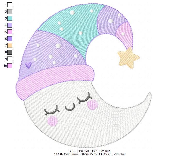 Moon with stars hearts and flowers embroidery design - Baby Girl Half moon machine embroidery pattern - Instant digital download pes jef hus