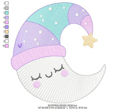Moon with stars hearts and flowers embroidery design - Baby Girl Half moon machine embroidery pattern - Instant digital download pes jef hus
